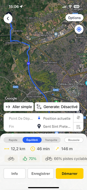 screenshot de l'application beeline velo 2 montrant un itinéraire